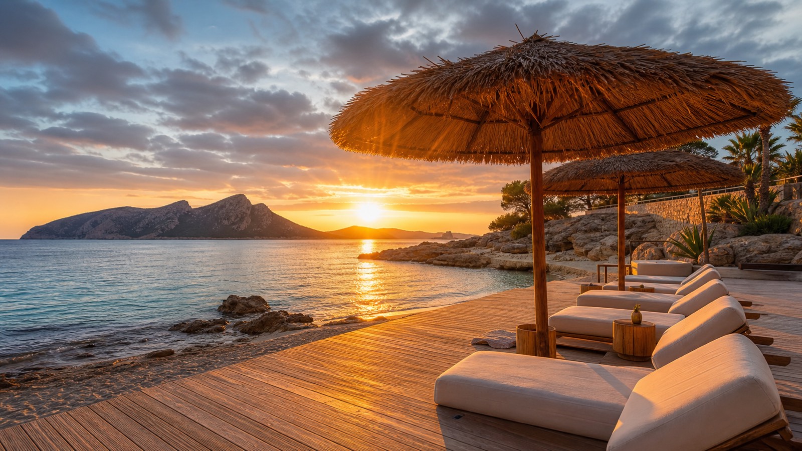 KI-Stimmungsbild für das Universal Hotel Aquamarin mit ruhiger Beach-Club-Terrasse, kleiner Bucht und Blick auf sa Dragonera bei Sonnenuntergang