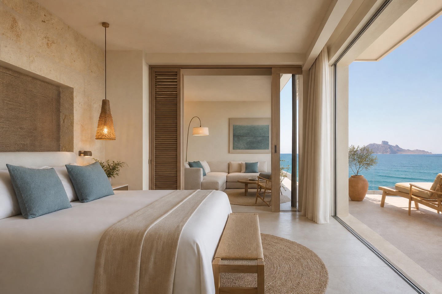 KI-generierte Junior-Suite-Stimmung für das Universal Hotel Cabo Blanco – Adults Only mit Wohnbereich, Terrasse und Meerblick