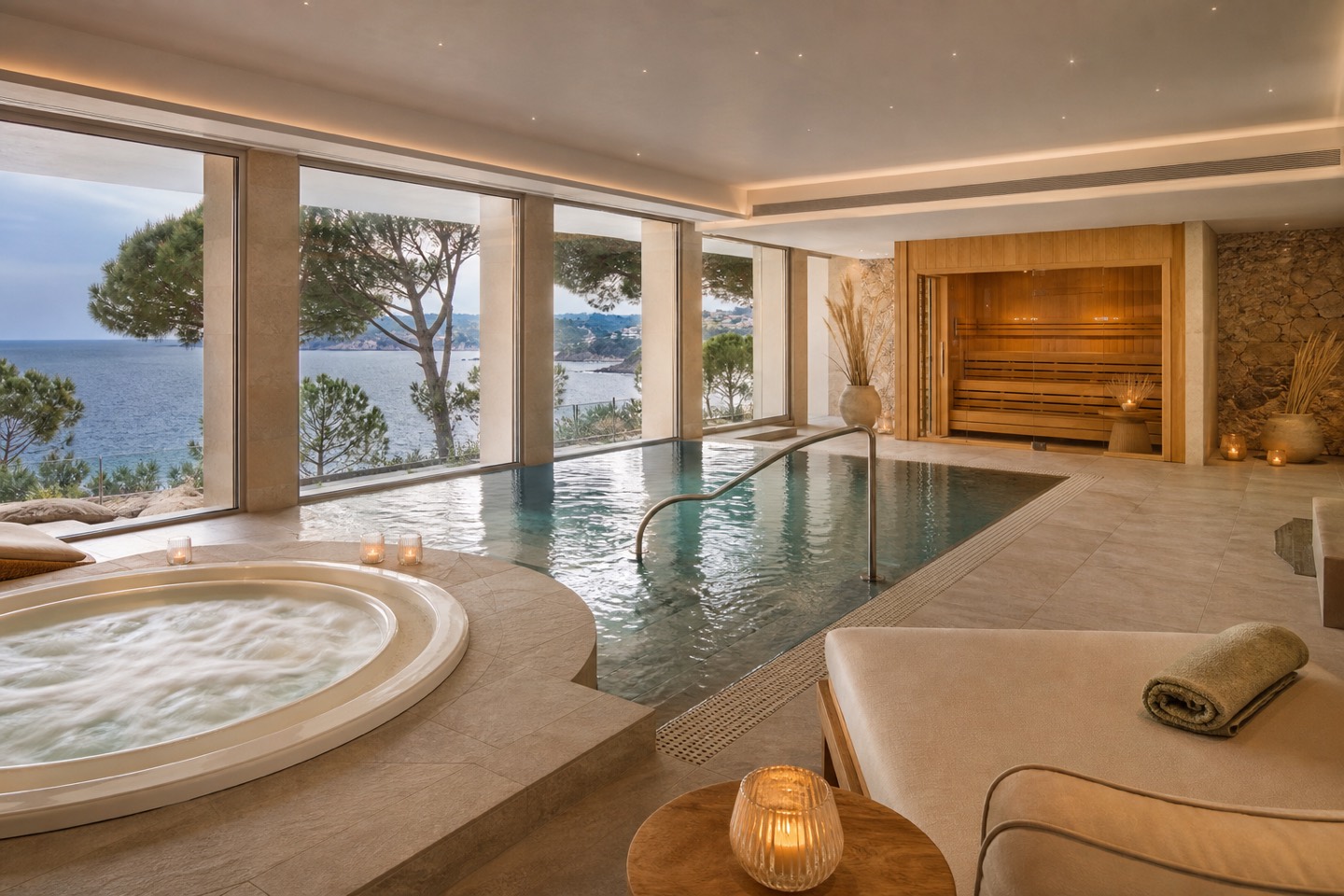 KI-Stimmungsbild für das Universal Hotel Lido Park & Spa mit beheiztem Innenpool, Jacuzzi, Sauna und Meerblick