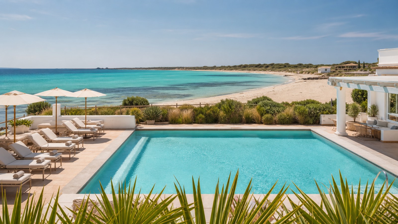 KI-generierte Pool- und Strandstimmung für das Universal Hotel Marqués in Colònia de Sant Jordi mit Blick auf Es Trenc