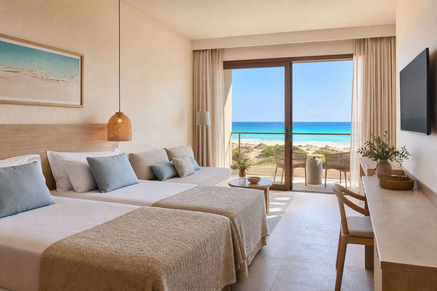 KI-generierte Zimmerstimmung für das Universal Hotel Marqués mit Twin-Betten, Schlafsofa, Balkon und Blick auf Es Trenc