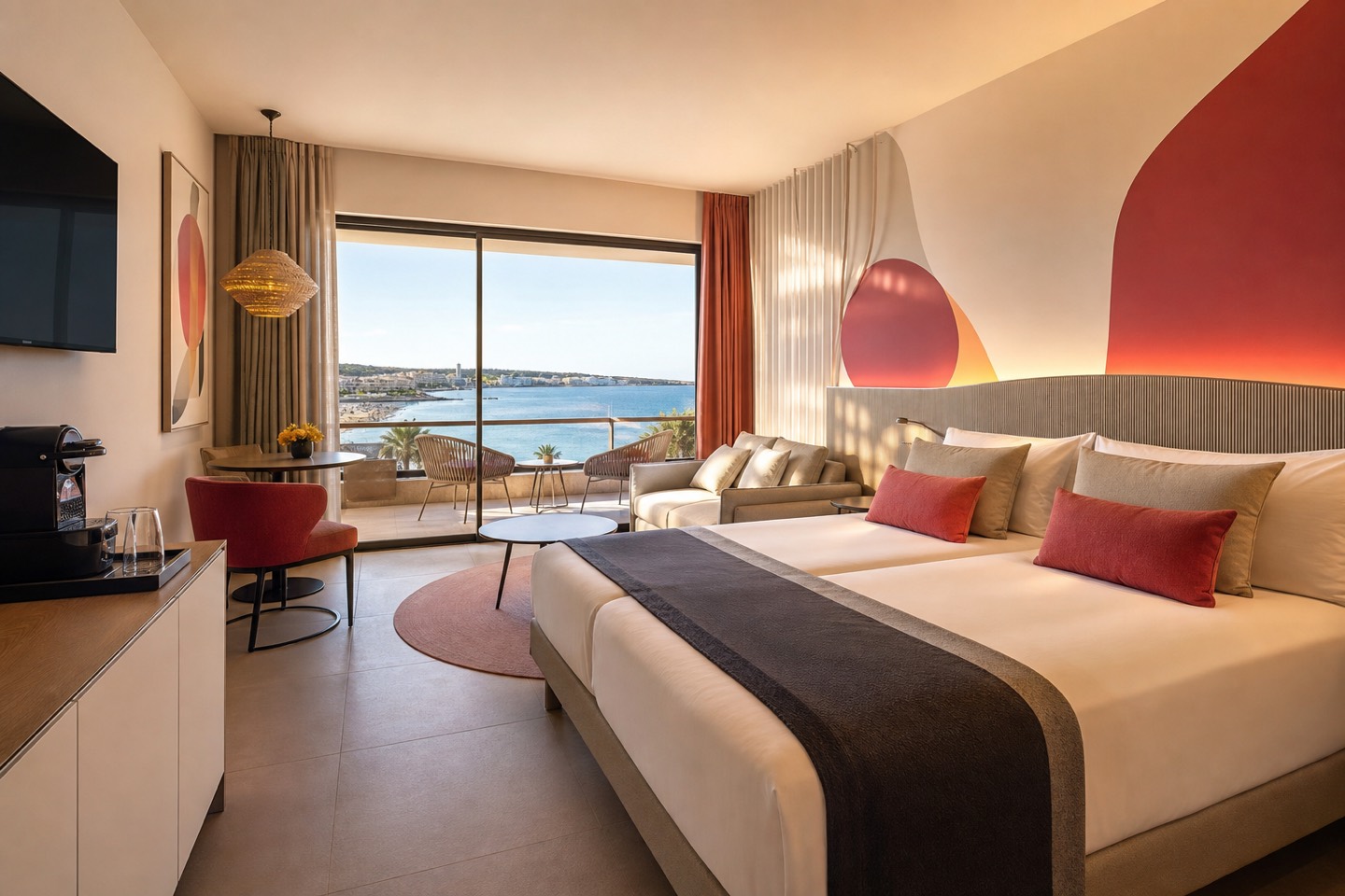 KI-generierte Junior-Suite-Stimmung für das Universal Hotel Neptuno – Adults Only mit Retro-Pop-Design, Terrasse und Meerblick