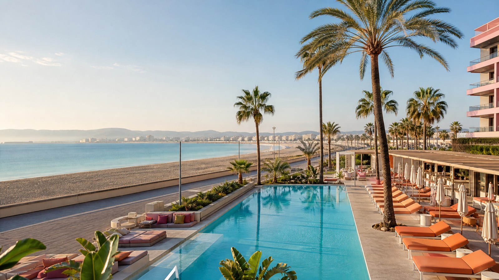 KI-generierte Pool- und Strandstimmung für das Universal Hotel Neptuno – Adults Only an der Playa de Palma mit Promenade und Palmen
