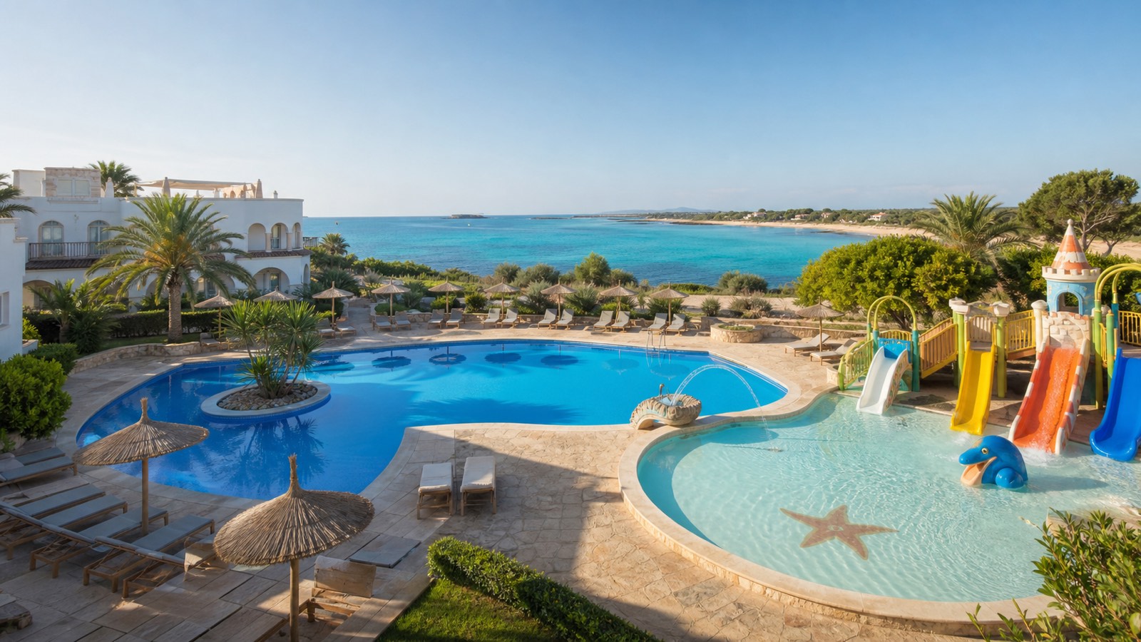 KI-Stimmungsbild für das Universal Hotel Romántica mit Hauptpool, flachem Kinderpool, Wasserrutschen und Südmallorca-Küste