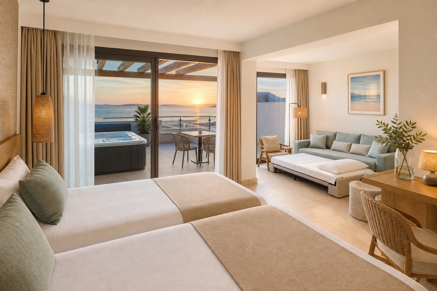 KI-Stimmungsbild für das Universal Hotel Romántica mit 32-Quadratmeter-Suite, Wohnbereich, Schlafsofa und privater Rooftop-Terrasse mit Jacuzzi