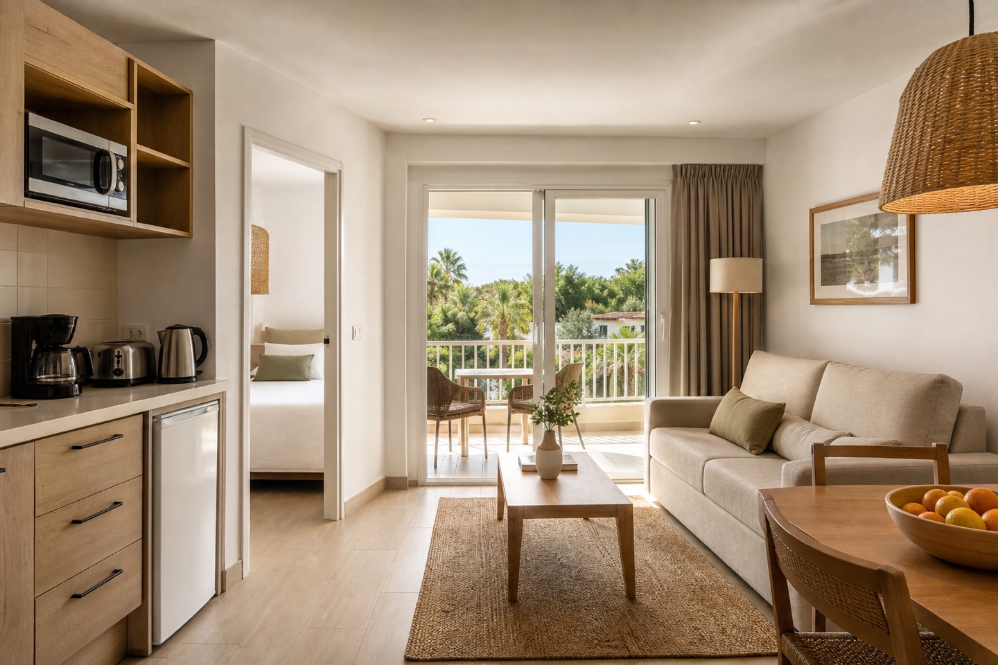 KI-generierte Apartmentstimmung für das VIVA Blue & Spa mit Wohnbereich, Küchenzeile, separatem Schlafzimmer und Balkon
