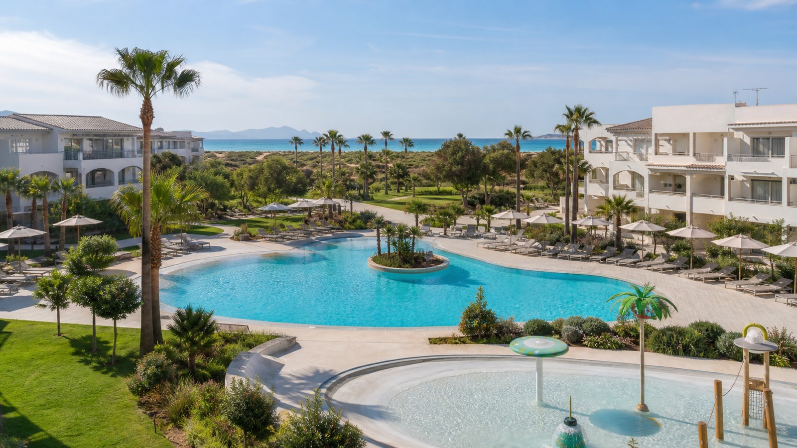 KI-generierte Pool- und Gartenstimmung für das VIVA Blue & Spa bei Playa de Muro mit Familienpool und mediterraner Anlage