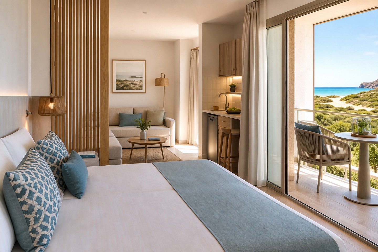 KI-generiertes Stimmungsbild eines Familienapartments mit Balkon und Meerblick für den VIVA Cala Mesquida Resort und Spa Hotelcheck