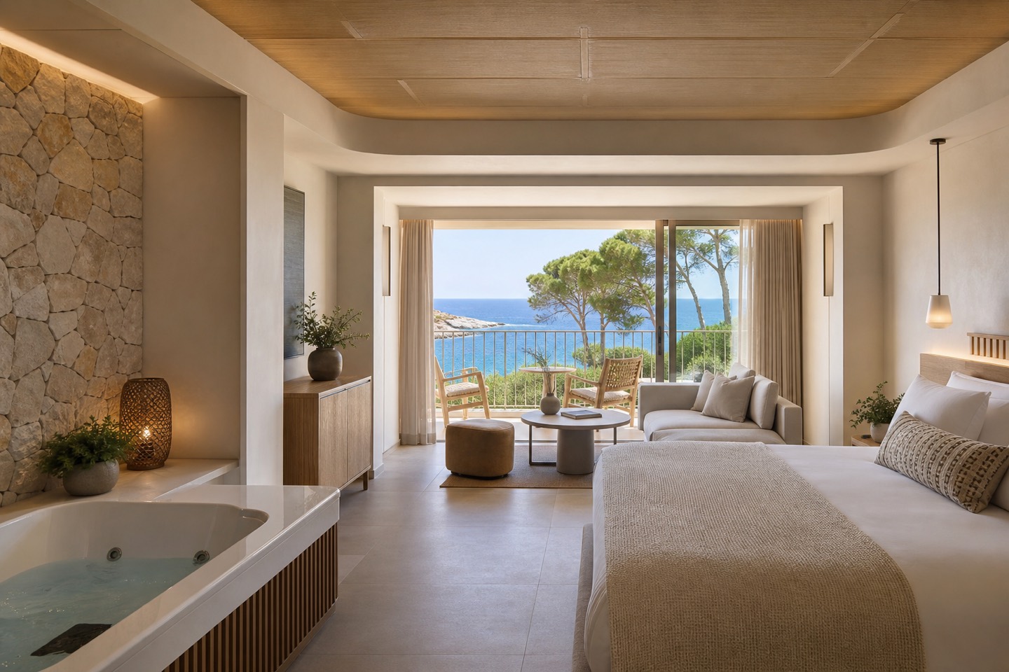 KI-generiertes Stimmungsbild einer großzügigen Junior Suite mit Wohnbereich, Hydromassagebad und Meerblickbalkon für das VIVA Cala Mesquida Suites und Spa