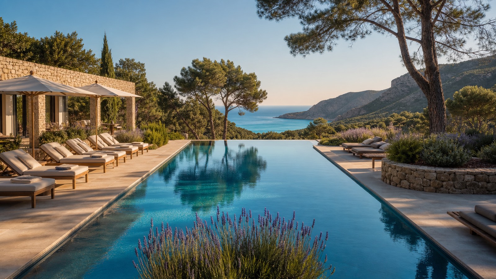 KI-generiertes Stimmungsbild eines ruhigen Adults-Only-Pools zwischen Pinien mit Blick auf Mallorcas Küste für das VIVA Cala Mesquida Suites und Spa