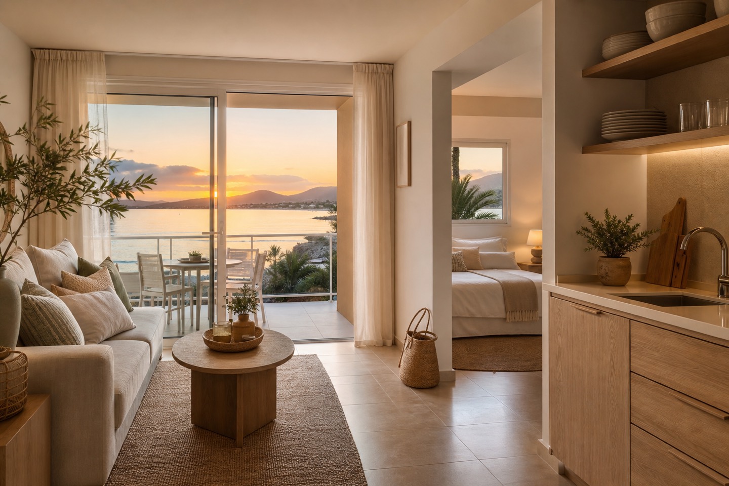 KI-generierte Apartmentstimmung für das VIVA Eden Lago mit Kitchenette, separatem Schlafbereich und Terrasse am Lago Esperanza