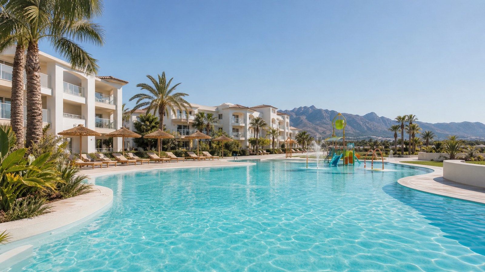KI-generierte Poolstimmung für das VIVA Eden Lago in Port d’Alcúdia mit familienfreundlichem Splashbereich und Mallorca-Bergen