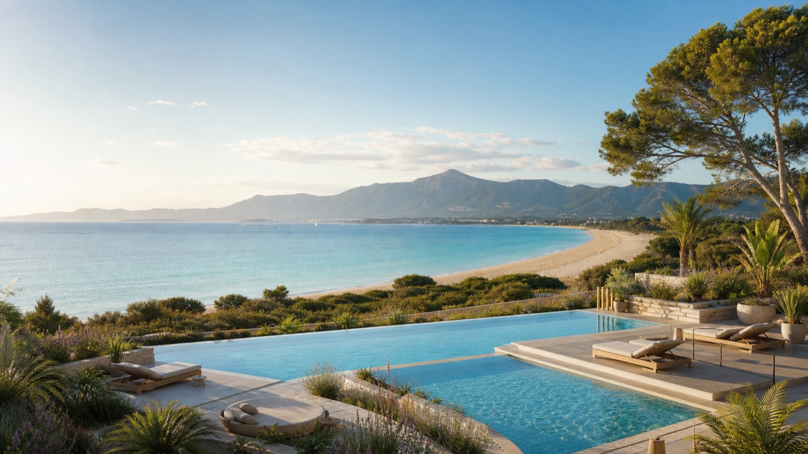 KI-generierte Pool- und Strandstimmung für das VIVA Golf 18+ in Port d’Alcúdia mit mediterranem Garten und Bucht von Alcúdia