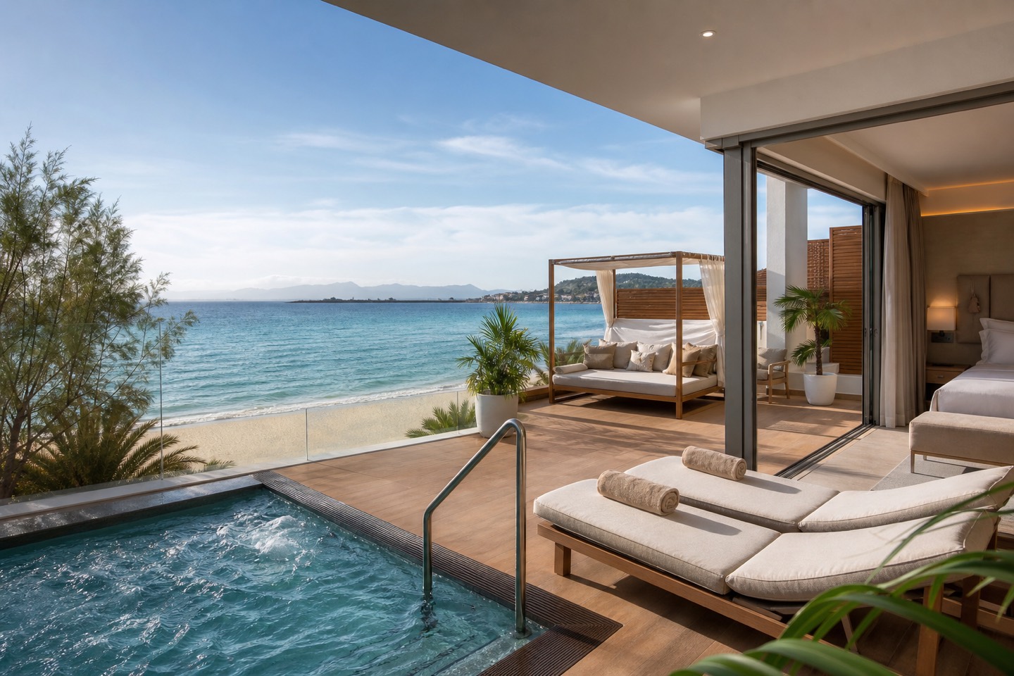 KI-generierte Royal-Terrace-Stimmung für das VIVA Golf 18+ mit privatem Plunge-Pool, Sonnenliegen, balinesischem Bett und Meerblick