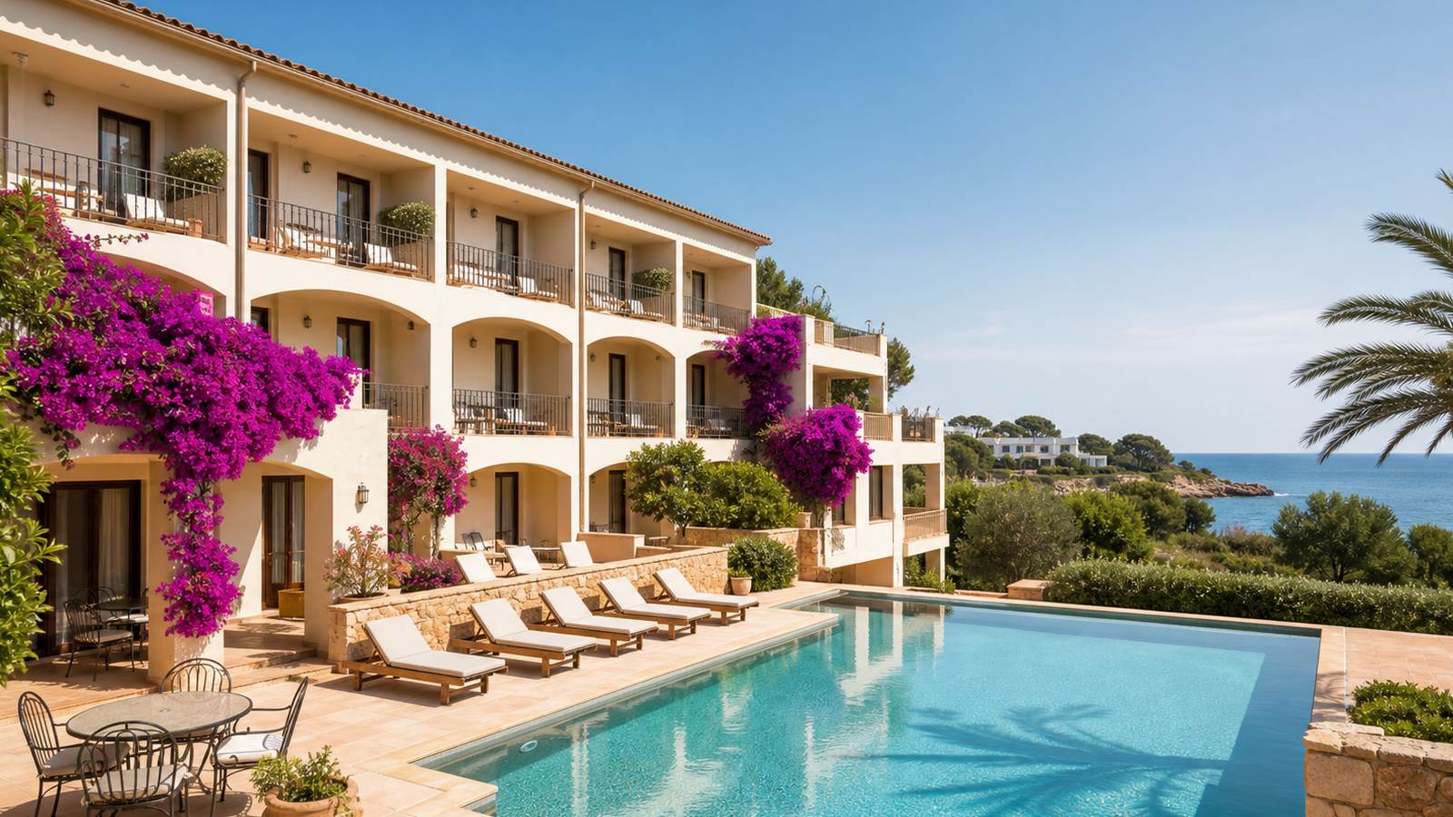 KI-generiertes Mallorca-Stimmungsbild eines mediterranen Hotel-Außenbereichs für den Hotelcheck des ZAFIRO PALACE ALCUDIA in Port D´Alcúdia
