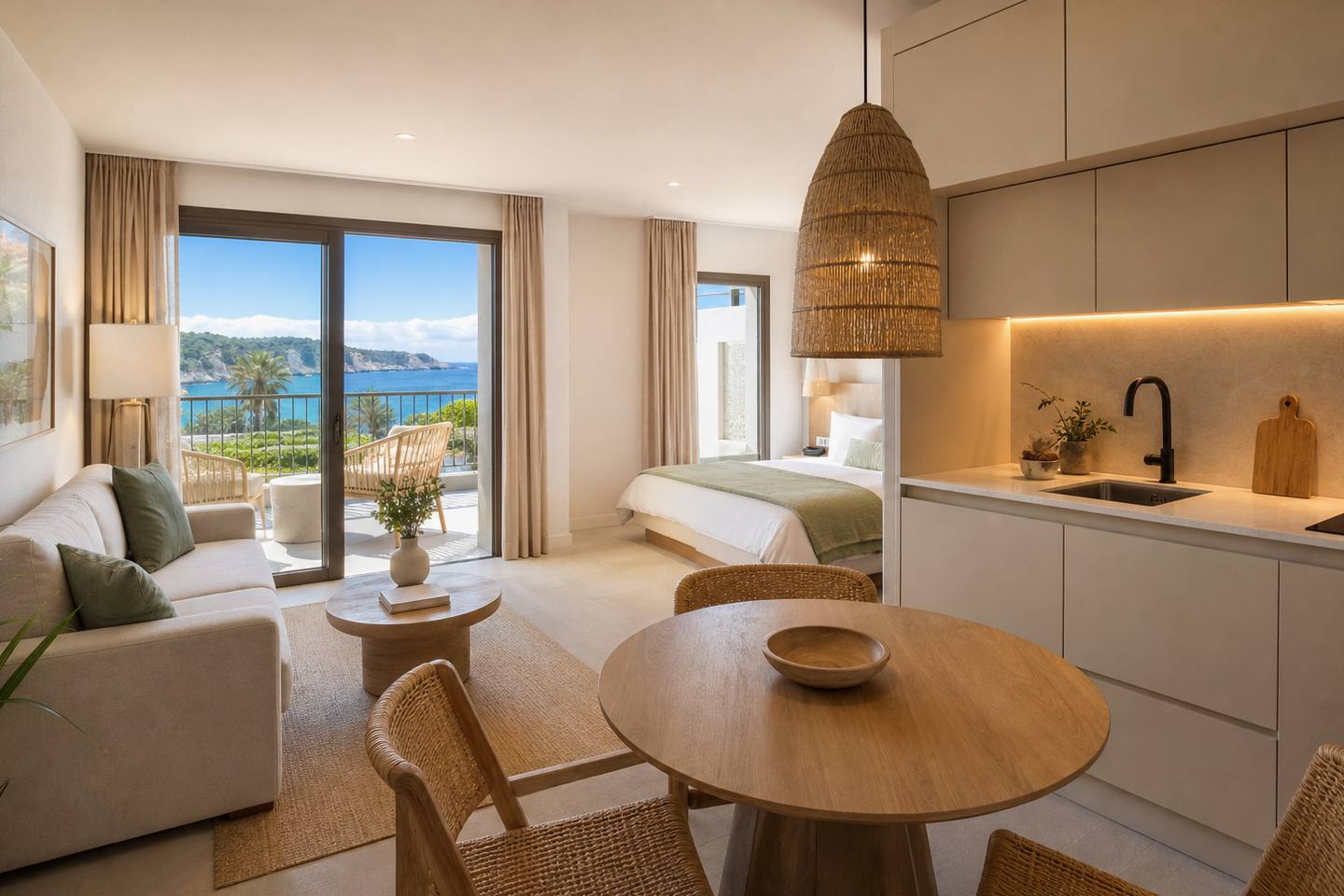KI-generiertes redaktionelles Stimmungsbild eines mediterranen Hotelzimmers für den Hotelcheck des ZAFIRO PALACE ALCUDIA in Port D´Alcúdia