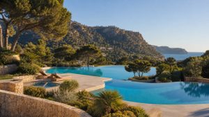 KI-generierte Poolstimmung für das Zafiro Palace Andratx in Camp de Mar mit mediterranen Gärten, Bergen und Meerblick