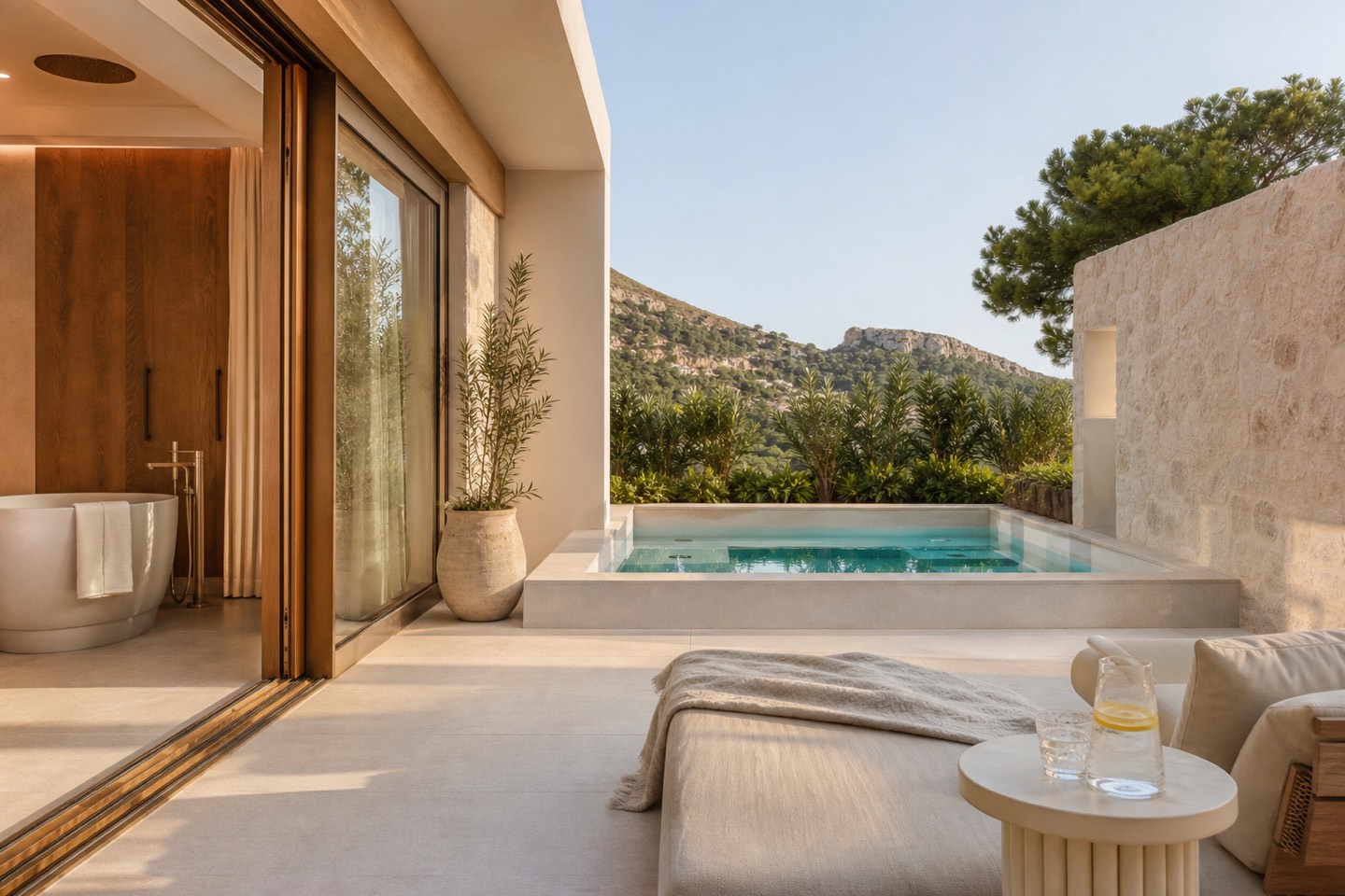KI-generierte Suitenstimmung für das Zafiro Palace Andratx mit privatem Plunge Pool und Blick auf die Berge von Camp de Mar