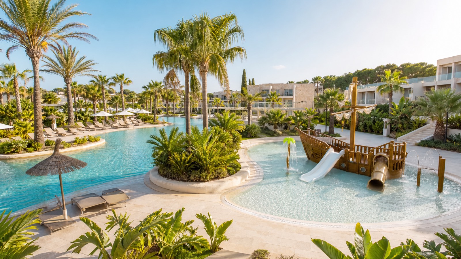 KI-generierte Familienpool-Stimmung für das Zafiro Palace Palmanova mit Palmen, großem Resortpool und flachem Kinderbecken mit Spielelement