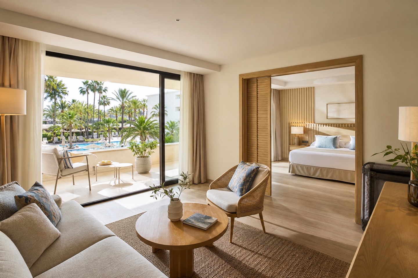 KI-generierte Familiensuiten-Stimmung für das Zafiro Palace Palmanova mit getrenntem Wohn- und Schlafbereich, Terrasse und Poolblick